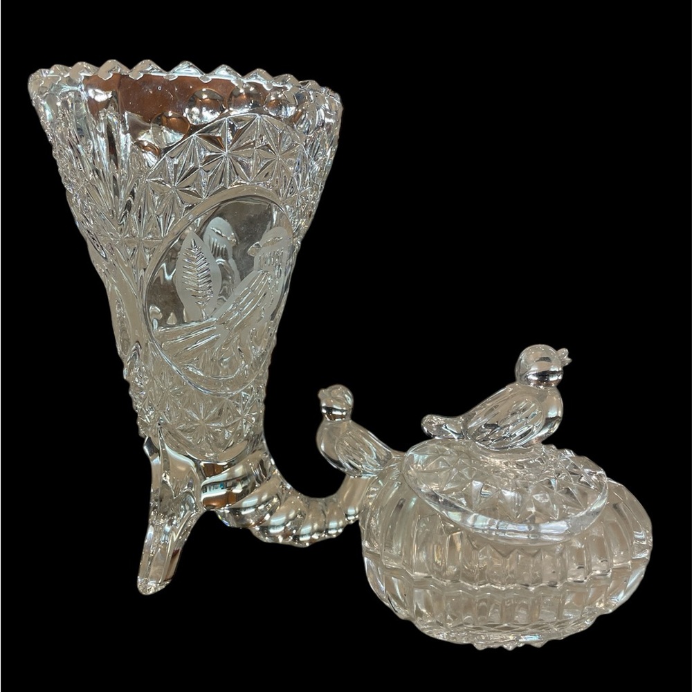 Vintage Hofbauer Byrdes Germany Crystal Vase and Egg Shaped Trinket w/Lid